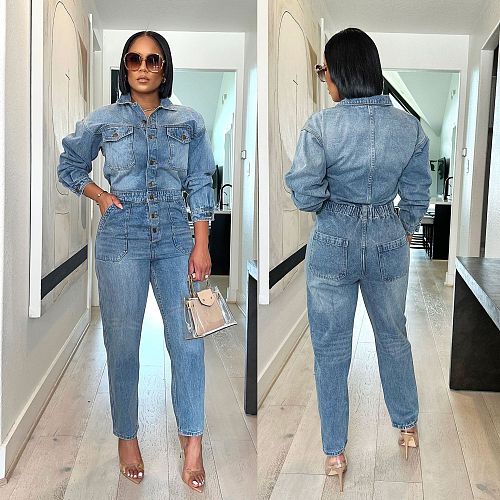 Lapel Waist Retraction Denim Jumpsuit LX-6966