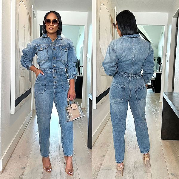 Lapel Waist Retraction Denim Jumpsuit LX-6966
