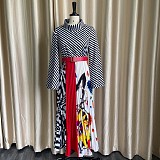 High Neckline Commuting Print Waistband Pleats Long Dress MLA-3078