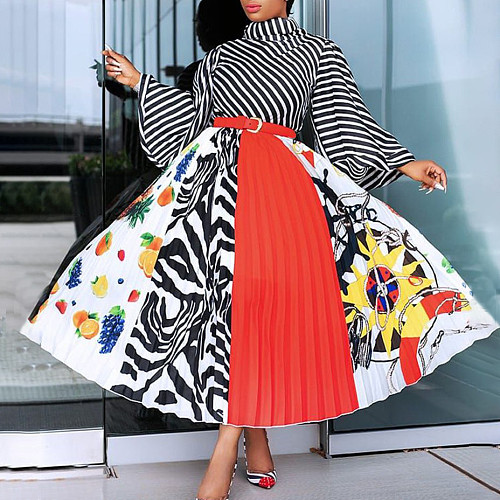 High Neckline Commuting Print Waistband Pleats Long Dress MLA-3078