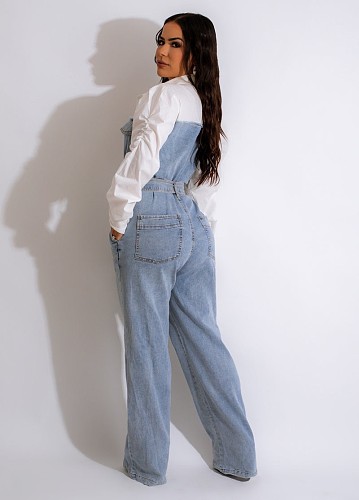 Stylish Girl Lapel Patchwork Denim Long Jumpsuits With Belt YUN-5115