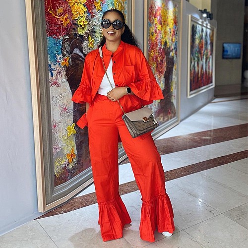 Ruffle Sleeved Cardigan Shirt Flared Pants Two-piece Set DNY-2246