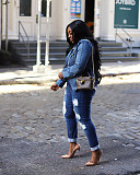 Ladies Slim Double-breasted Lapel Buckle Denim Suit Jacket Cardigan ZS-0614