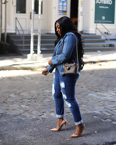Ladies Slim Double-breasted Lapel Buckle Denim Suit Jacket Cardigan ZS-0614