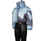Stylish Women's Zipper Front Denim Printed Cotton-padded Jacket ZS-0633