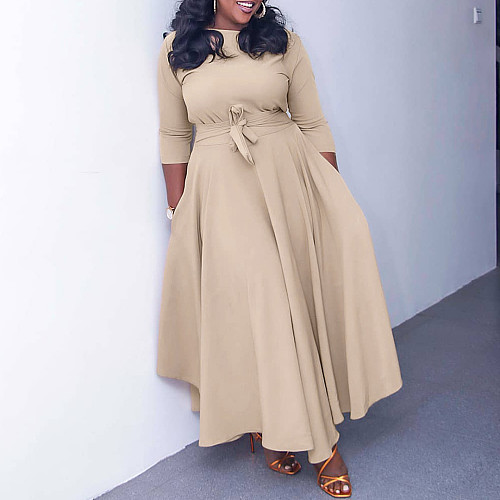 Lace Up African Plus Size Solid Dress MLA-3171