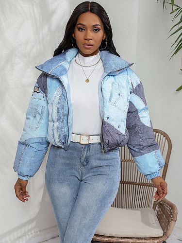 Stylish Women's Zipper Front Denim Printed Cotton-padded Jacket ZS-0633