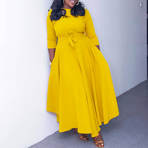 Lace Up African Plus Size Solid Dress MLA-3171