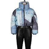 Stylish Women's Zipper Front Denim Printed Cotton-padded Jacket ZS-0633