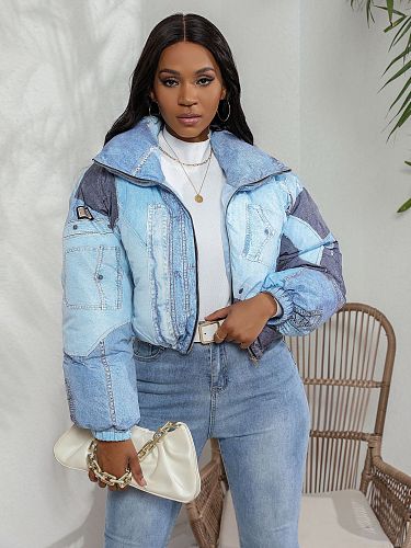 Stylish Women's Zipper Front Denim Printed Cotton-padded Jacket ZS-0633