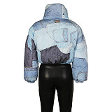 Stylish Women's Zipper Front Denim Printed Cotton-padded Jacket ZS-0633