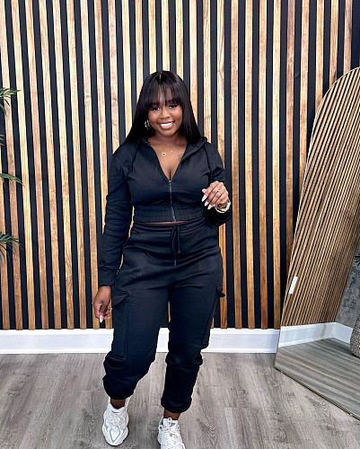 Autumn Winter Women's Cashmere Hoodie Overalls Pocket Set Solid Color Two-piece OLY-6138