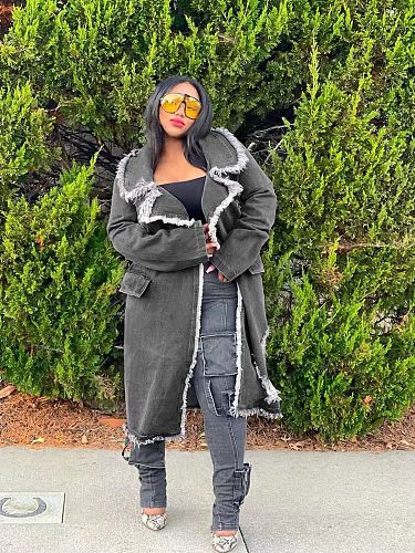 Women Lapel Collar Broken-holes Denim Long Coat MTY-6809