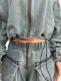 Women's Casual Loose Zipper Pockets Denim Suit YUN-51015