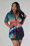 Fashion Women Printed Mid-sleeve Zipper Drawstring Waist Mini Dress XMY-9462