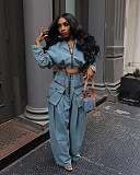 Women's Casual Loose Zipper Pockets Denim Suit YUN-51015