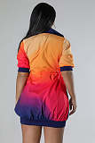 Fashion Women Printed Mid-sleeve Zipper Drawstring Waist Mini Dress XMY-9462