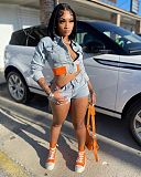 Denim Cropped Tops Matching Shorts 2 Piece Set MEM-88520
