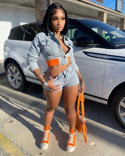 Denim Cropped Tops Matching Shorts 2 Piece Set MEM-88520
