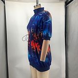 Fashion Women Printed Mid-sleeve Zipper Drawstring Waist Mini Dress XMY-9462