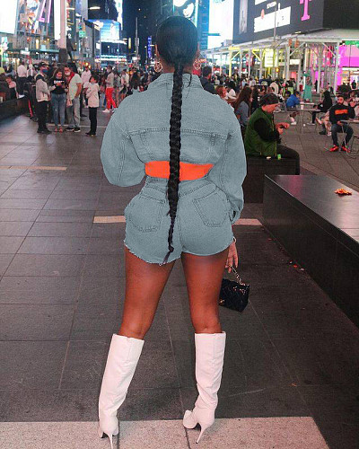 Denim Cropped Tops Matching Shorts 2 Piece Set MEM-88520