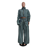 Women's Casual Loose Zipper Pockets Denim Suit YUN-51015