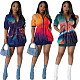 Fashion Women Printed Mid-sleeve Zipper Drawstring Waist Mini Dress XMY-9462