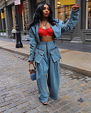 Women's Casual Loose Zipper Pockets Denim Suit YUN-51015