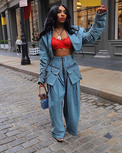 Women's Casual Loose Zipper Pockets Denim Suit YUN-51015