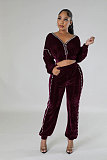 Beaded Velvet Short Top Tie Feet Tapered Pants Set YLA-10315