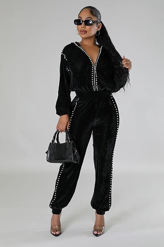 Beaded Velvet Short Top Tie Feet Tapered Pants Set YLA-10315