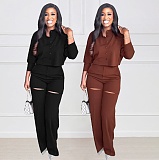 Long Sleeved Cardigan Crop Top High Waisted Rippen Pants Set YLA-10310
