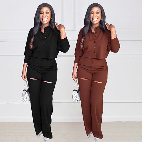 Long Sleeved Cardigan Crop Top High Waisted Rippen Pants Set YLA-10310