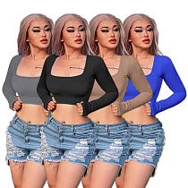 Women U-neck Long Sleeve Casual Sports Tight Crop Top HXZY-0353