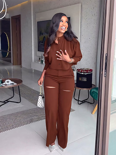 Long Sleeved Cardigan Crop Top High Waisted Rippen Pants Set YLA-10310