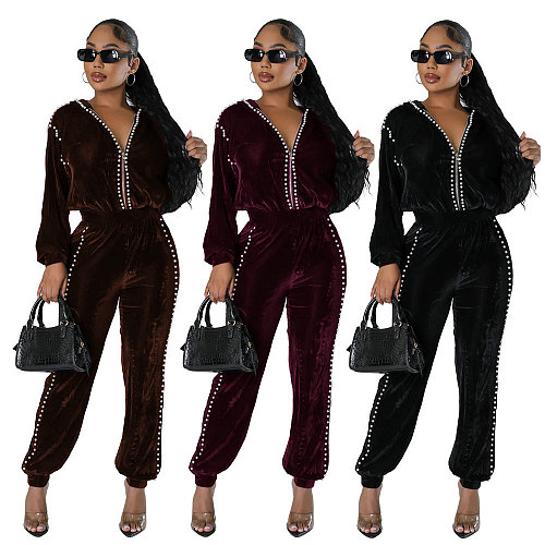 Beaded Velvet Short Top Tie Feet Tapered Pants Set YLA-10315