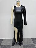 Ladies Single Sleeve Slim Stretch Tight Slit Black Leather Maxi Dress NY-2928