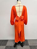 Orange Sexy Deep-V Backless Lantern Sleeves Wide-leg Jumpsuit NY-10661