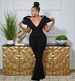 Black Bowknot V-neck Sleeveless Backless Tight Flared Jumpsuit NY-2955