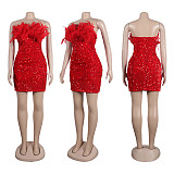 Sexy Strapless Sequines Feather Bodycon Mini Nightclub Dress NY-2852