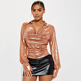 Ladies Solid Color Slit Long Sleeve Lapel Drawdown Waist Tops WDS-231016