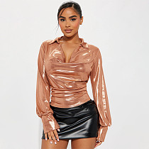 Ladies Solid Color Slit Long Sleeve Lapel Drawdown Waist Tops WDS-231016