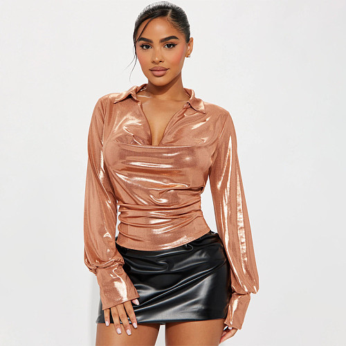 Ladies Solid Color Slit Long Sleeve Lapel Drawdown Waist Tops WDS-231016