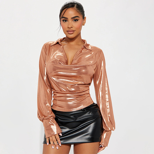 Ladies Solid Color Slit Long Sleeve Lapel Drawdown Waist Tops WDS-231016