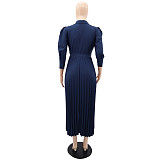 Long Sleeve Polo Neck Pleated Skirt Maxi Dresses YLA-10180