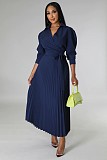 Long Sleeve Polo Neck Pleated Skirt Maxi Dresses YLA-10180