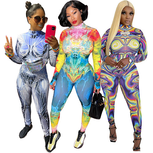 Fashion Y2k Print Set Zipper Stretch Slim-Fit Jumpsuit ASL-6707