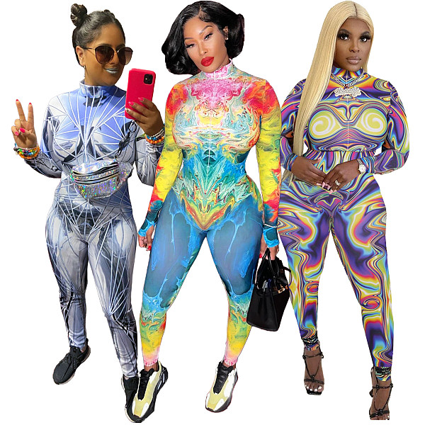 Fashion Y2k Print Set Zipper Stretch Slim-Fit Jumpsuit ASL-6707