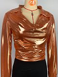 Ladies Solid Color Slit Long Sleeve Lapel Drawdown Waist Tops WDS-231016