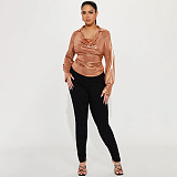 Ladies Solid Color Slit Long Sleeve Lapel Drawdown Waist Tops WDS-231016